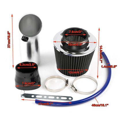 Solidspare Silver 3" Universal Cold Air Intake Kit Induction Flow Pipe Kit Aluminium New