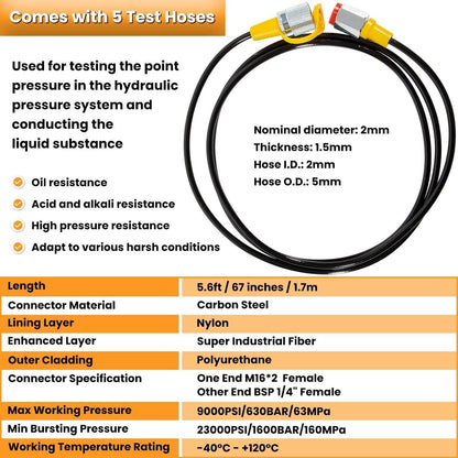 Solidspare 60Mpa Hydraulic Pressure Test Set 5 Gauges 13 Couplings 14 Tee Connectors 5 Hose