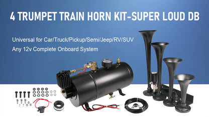 Solidspare 4 Trumpets Train Horn w/ 1G Air Tank Kit Loud System 150psi For Truck Car Pickup