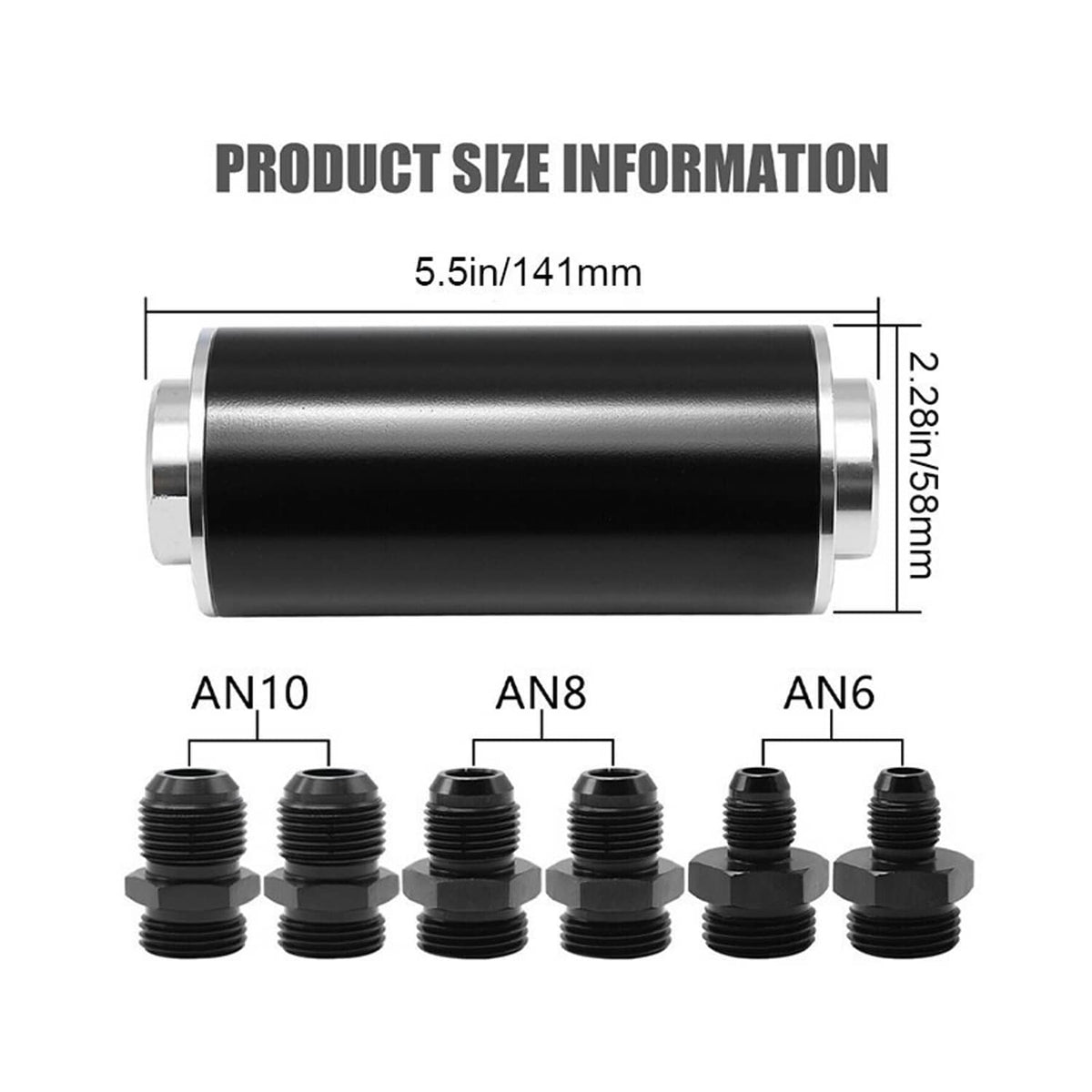 Solidspare Inline Fuel Filter 100 Micron with 6AN 8AN 10AN Adapter Universal Cleanable 58mm