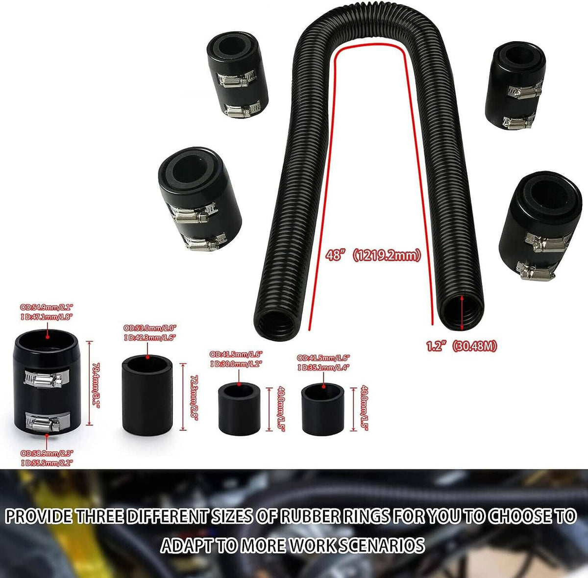 Solidspare 48" Stainless Steel Radiator Flexible Coolant Water Hose w/ Caps Kit Universal