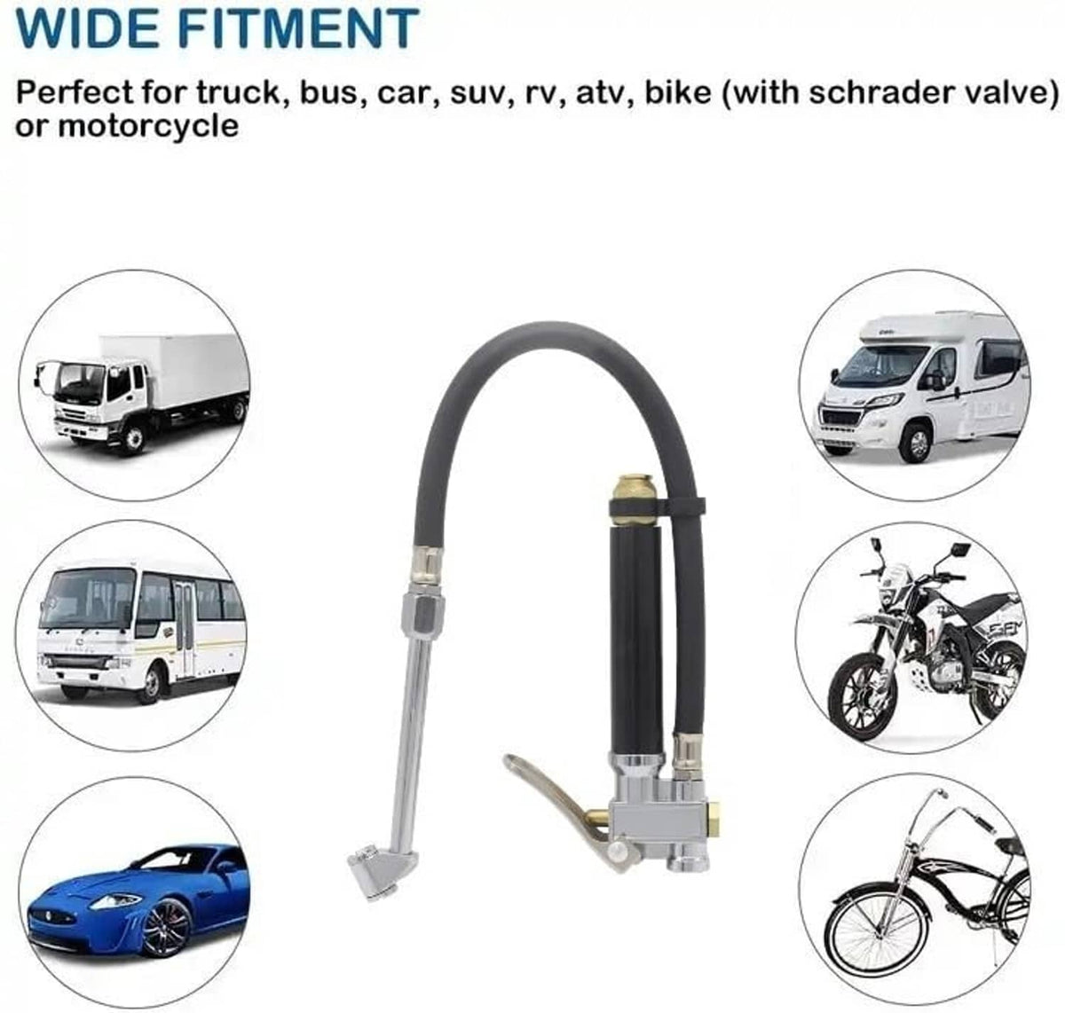 Solid Spare Air Tire Inflator With Pressure Gauge (10-120 PSI) Dual Head Chuck for Car Truck