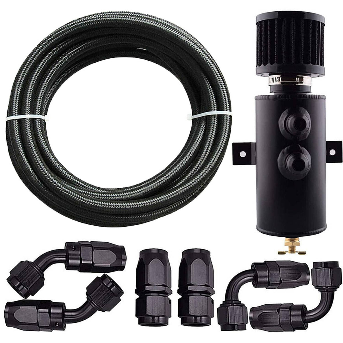 Solidspare Oil Catch Can Reservoir Tank 10AN 2 Port Dual Breather Filter Baffled+ 10FT Hose