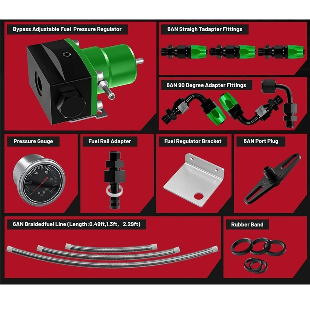 Solidspare New Adjustable Fuel Pressure Regulator Kit Oil 0-100psi Gauge -6AN Black & Green