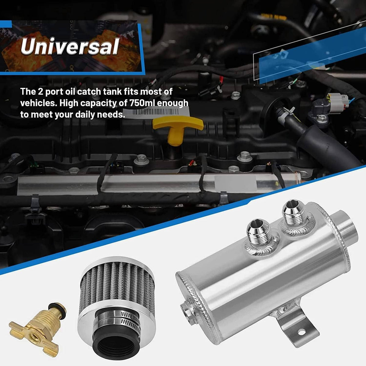 Solidspare 750ml 10AN Oil Catch Can Reservoir Tank & Breather Filter Baffled Kit Aluminum