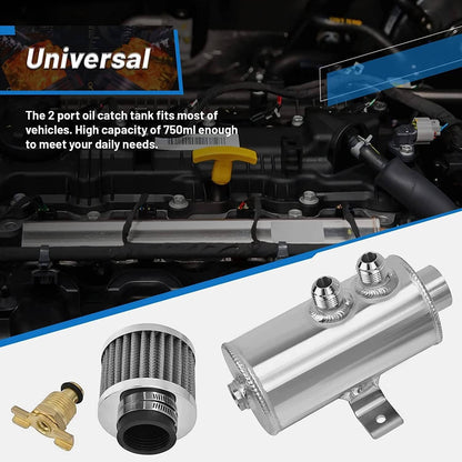 Solidspare 750ml 10AN Oil Catch Can Reservoir Tank & Breather Filter Baffled Kit Aluminum
