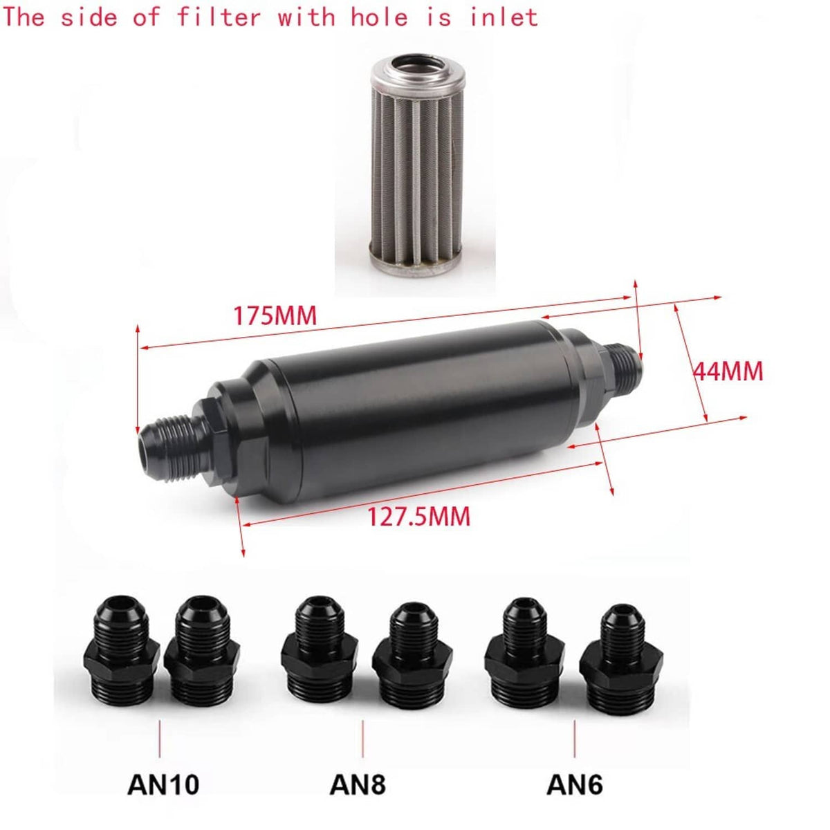 Solid Spare Universal Racing In-Line Fuel Filter AN6 AN8 AN10 Adapter 40 Micron Cleanable