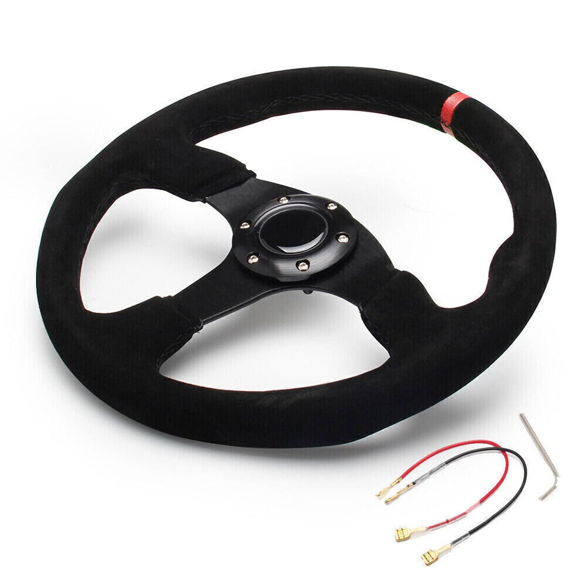 Solidspare 14" 350mm Racing Suede Leather Steering Wheel w/ Horn Button+Quick Release Kit