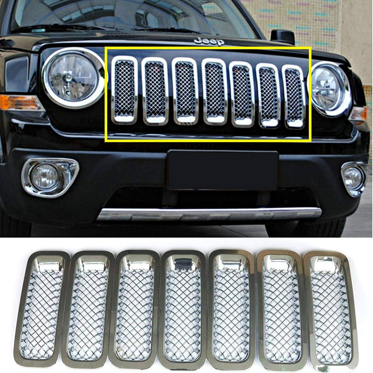 Solid Spare 7pcs Front Mesh Grille Grill Insert Cover Bezel Kit for Jeep Patriot 2011-2018