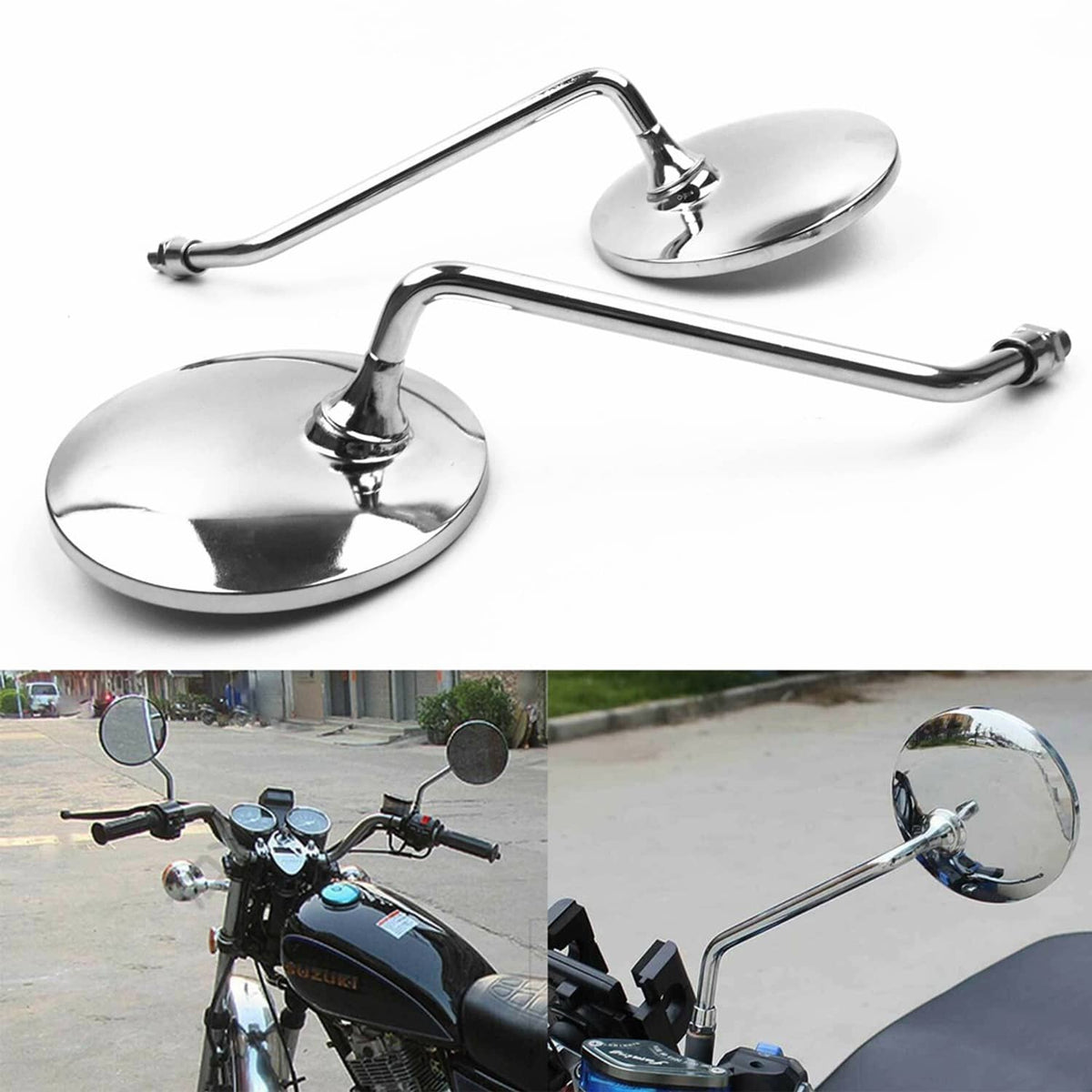 Solidspare 10mm Motorcycle Rearview Side Mirrors Round Long Stem For Honda Yamaha Kawasaki
