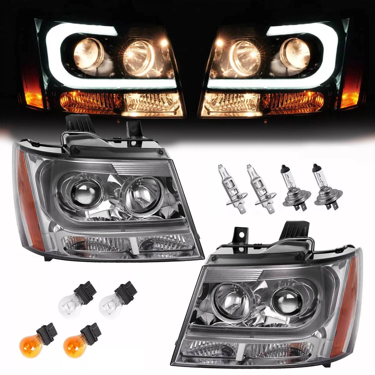 Solid Spare Headlights For Avalanche/Suburban/Tahoe 2007-2014 LED Bar LH+RH Projector
