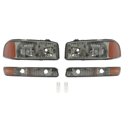 Solid Spare Chrome Headlights+Bumper Lamp Smoke Lens For GMC Sierra 1500 Yukon XL 1999-2007
