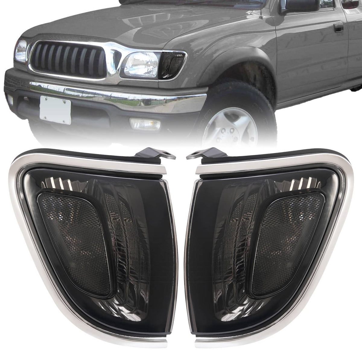 Solid Spare Pair of Smoke Lens Chrome Trim Corner Lights Lamps For Toyota Tacoma 2001-2004