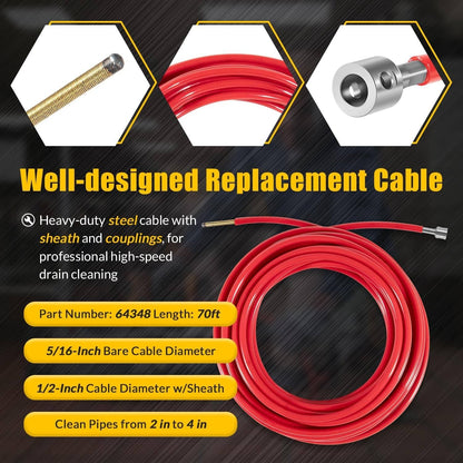 Solidspare Replace for FlexShaft Cable Assembly 64348 K9-204, 5/16"x70ft, for 2 to 4" Pipes