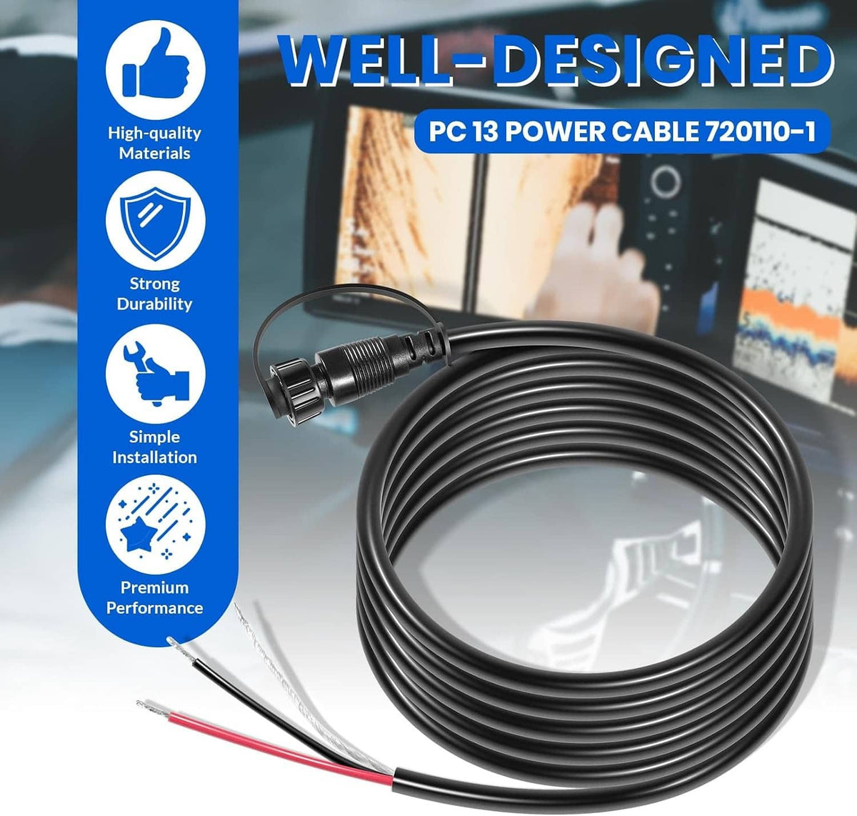 Solidspare PC 13 Power Cable for Humminbird 720110-1 APEX Marine-Rated Power Cable 10 ft
