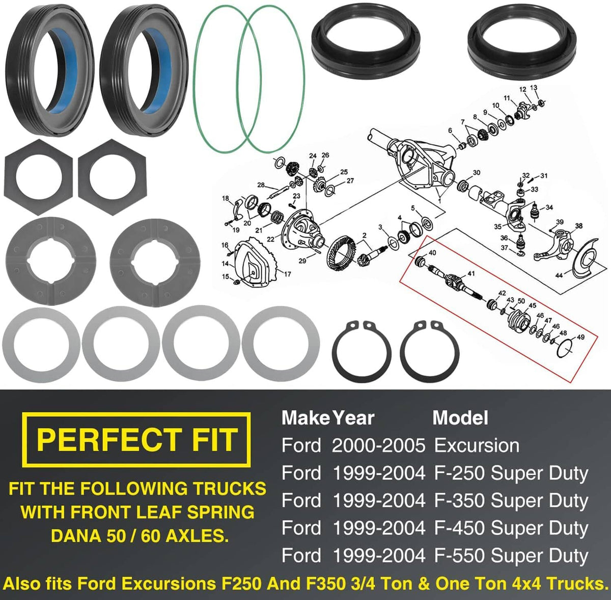 Solid Spare Front Axle Knuckle Tube Seal Kit & Thrust Washer Snap Ring for Ford F250 F350
