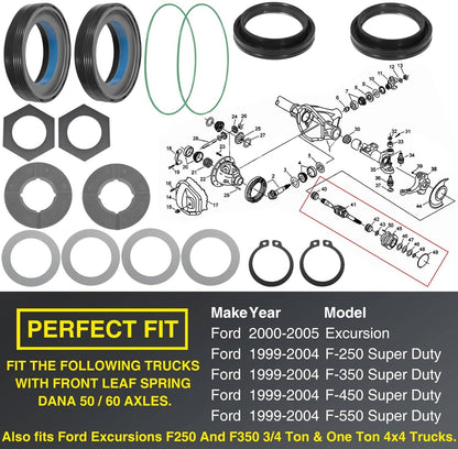 Solid Spare Front Axle Knuckle Tube Seal Kit & Thrust Washer Snap Ring for Ford F250 F350