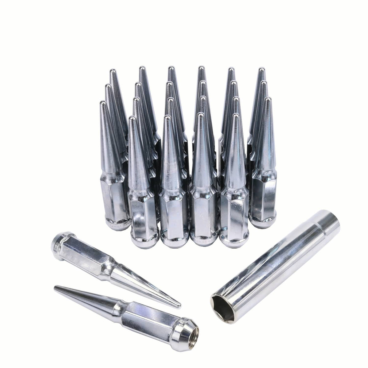 Solidspare 24 PCS M14x1.5 Spike Lug Nuts Chrome For Chevy Silverado Tahoe 4.4" Tall W/ Key