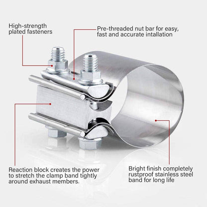 Solidspare 2Pcs 2.5" Inch Butt Joint Band Exhaust Clamp Sleeve Coupler T304 Stainless Steel