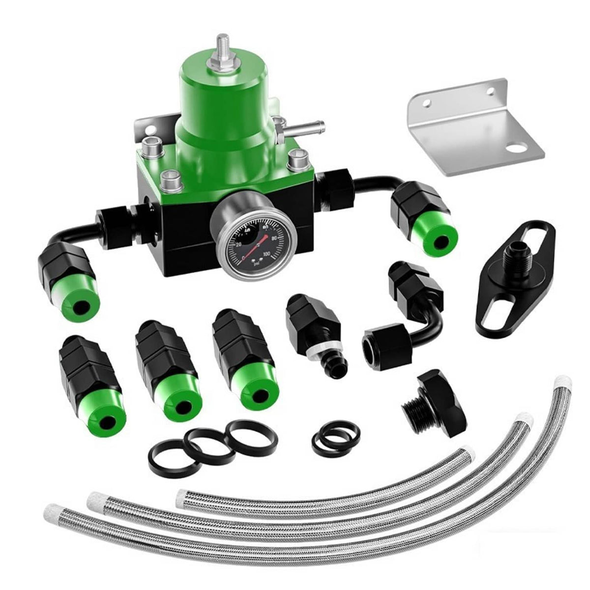 Solidspare New Adjustable Fuel Pressure Regulator Kit Oil 0-100psi Gauge -6AN Black & Green