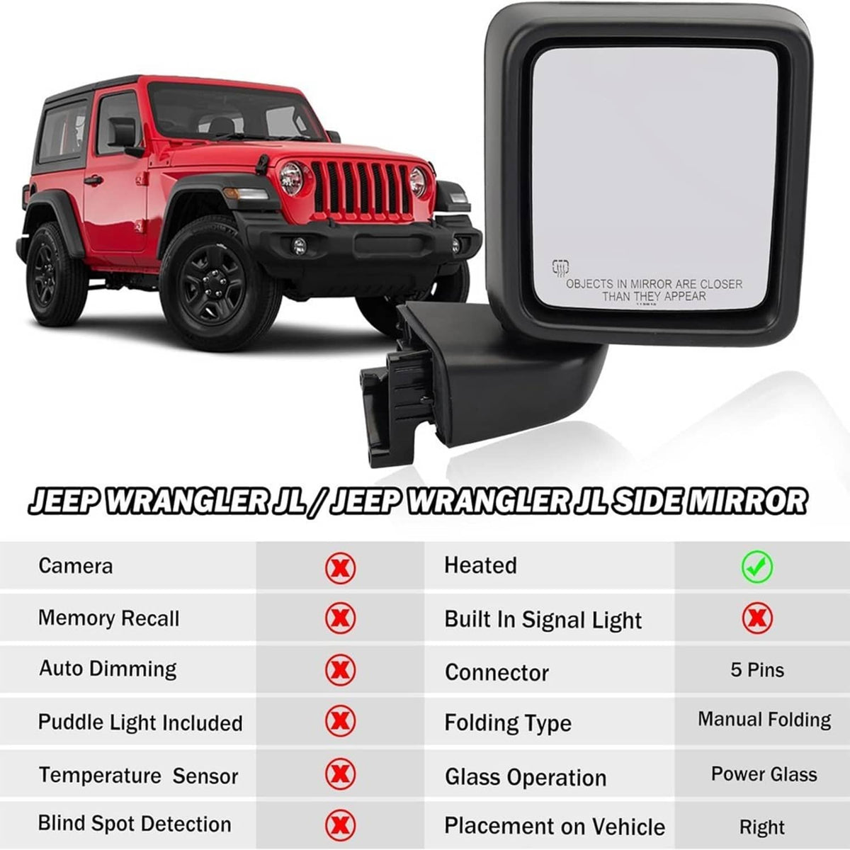 Solidspare Power Heated Rear View Mirror Passenger For Jeep Wrangler 18-24 &Gladiator 20-24