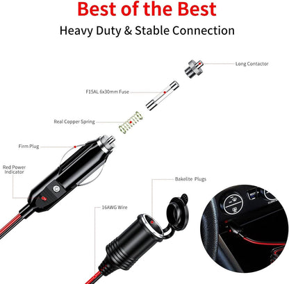 Solid Spare 12V Car Cigarette Lighter Socket Extension Cord Cable Heavey Duty Adapter 13FT