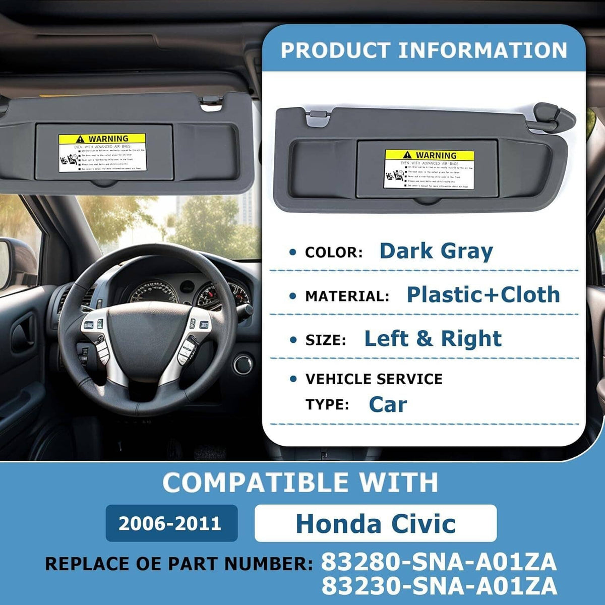 Solidspare Sun Visor Dark Gray Pair For 2006-2011 Honda Civic Visors Left & Right Visor Set