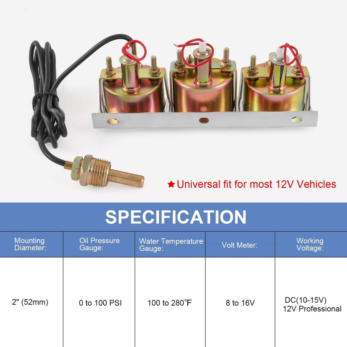 Solidspare Chrome 2'' 52mm Mechanical Triple Gauge Set Water Temp Oil Pressure Volt Meter