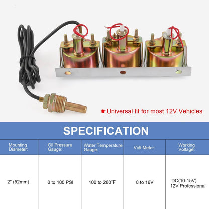 Solidspare Chrome 2'' 52mm Mechanical Triple Gauge Set Water Temp Oil Pressure Volt Meter