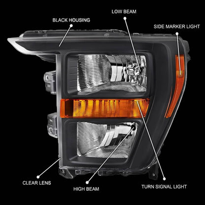 Solidspare For 2021 2022 2023 Ford F150 Halogen Black Headlights Headlamps Pair Left+Right