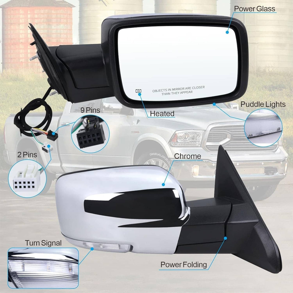 Solidspare For 2013-19 Dodge Ram 1500 Chrome Power Folding Heated Right Mirror & LED Signal