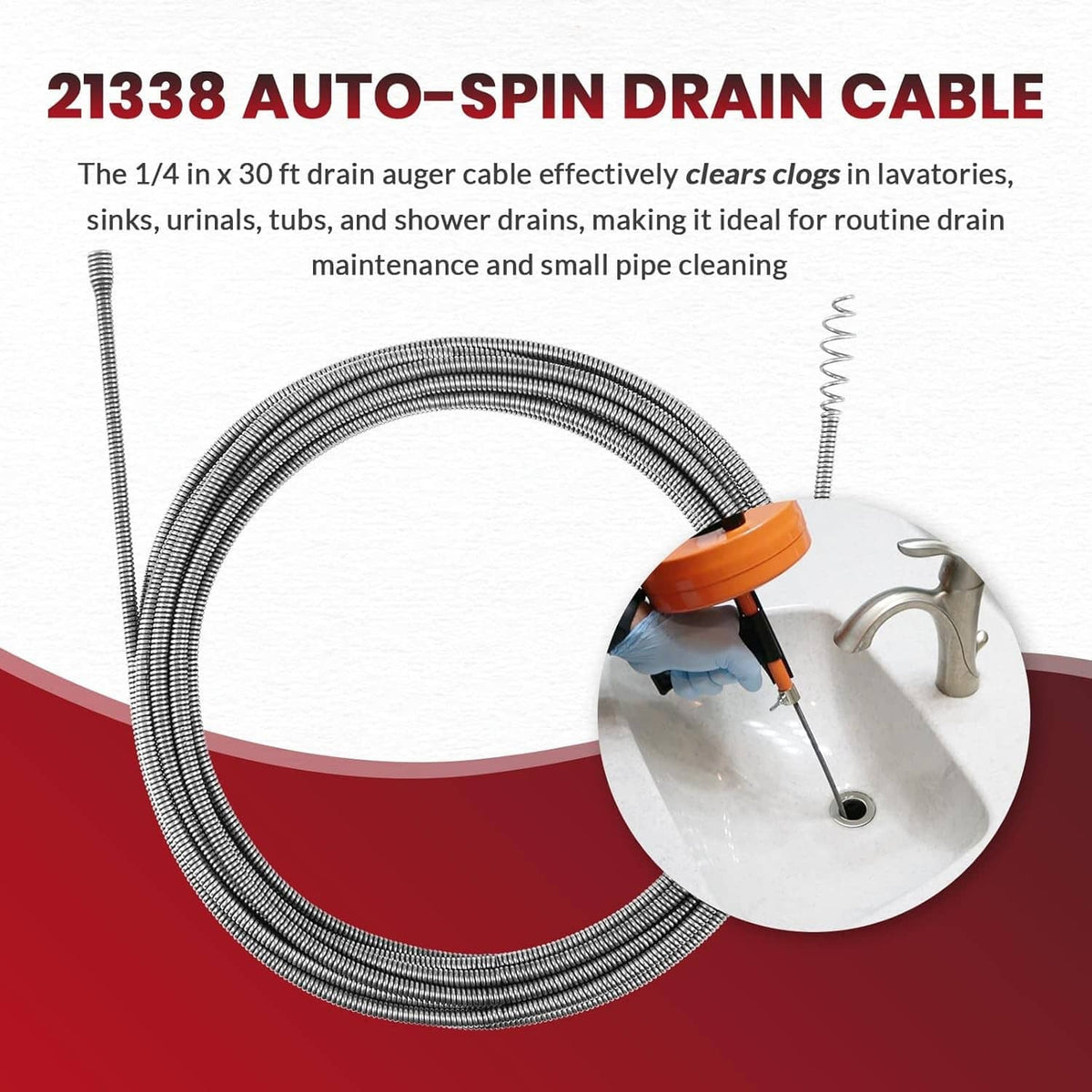 Solidspare 21338 Auto-Spin Replacement Drain Cable 1/4” x 30 ft Fit for RIDGID K-45
