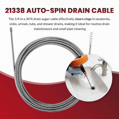 Solidspare 21338 Auto-Spin Replacement Drain Cable 1/4” x 30 ft Fit for RIDGID K-45