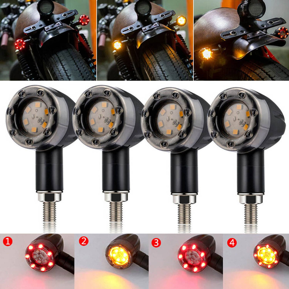 Solidspare 4x Universal Motorcycle LED Red Amber Turn Bike Signal Indicators Blinker Lights