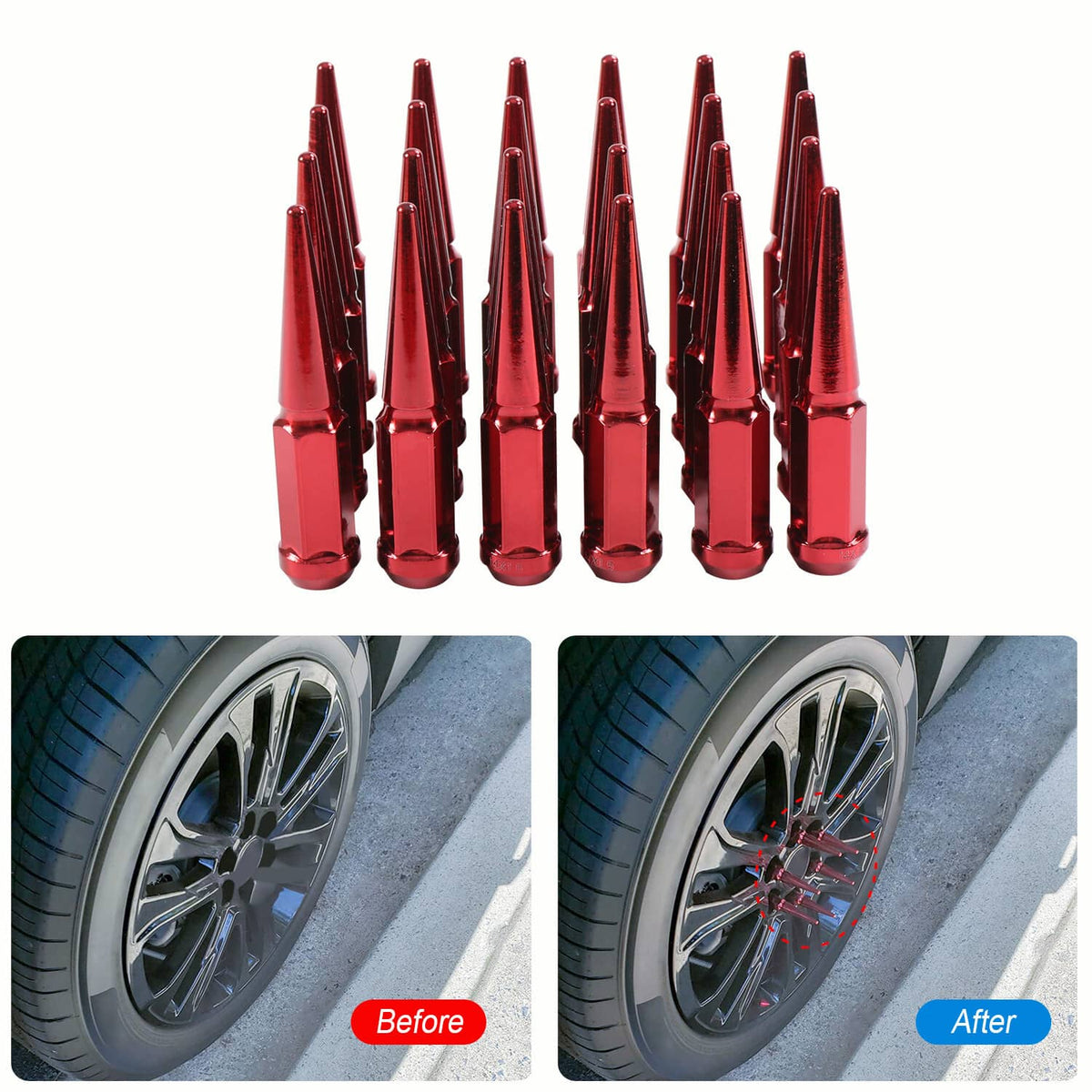 Solidspare 24 PCS Spike Lug Nuts 14x1.5 Red For Chevy Silverado Tahoe 4.4" Tall W/ Key