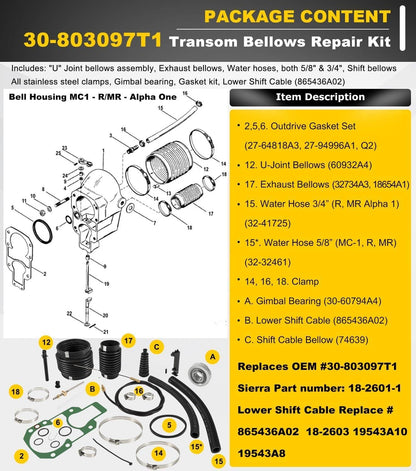 Solid Spare For Quicksilver Mercruiser Alpha One Transom Seal Bellow Kit & Lower Shift Cable