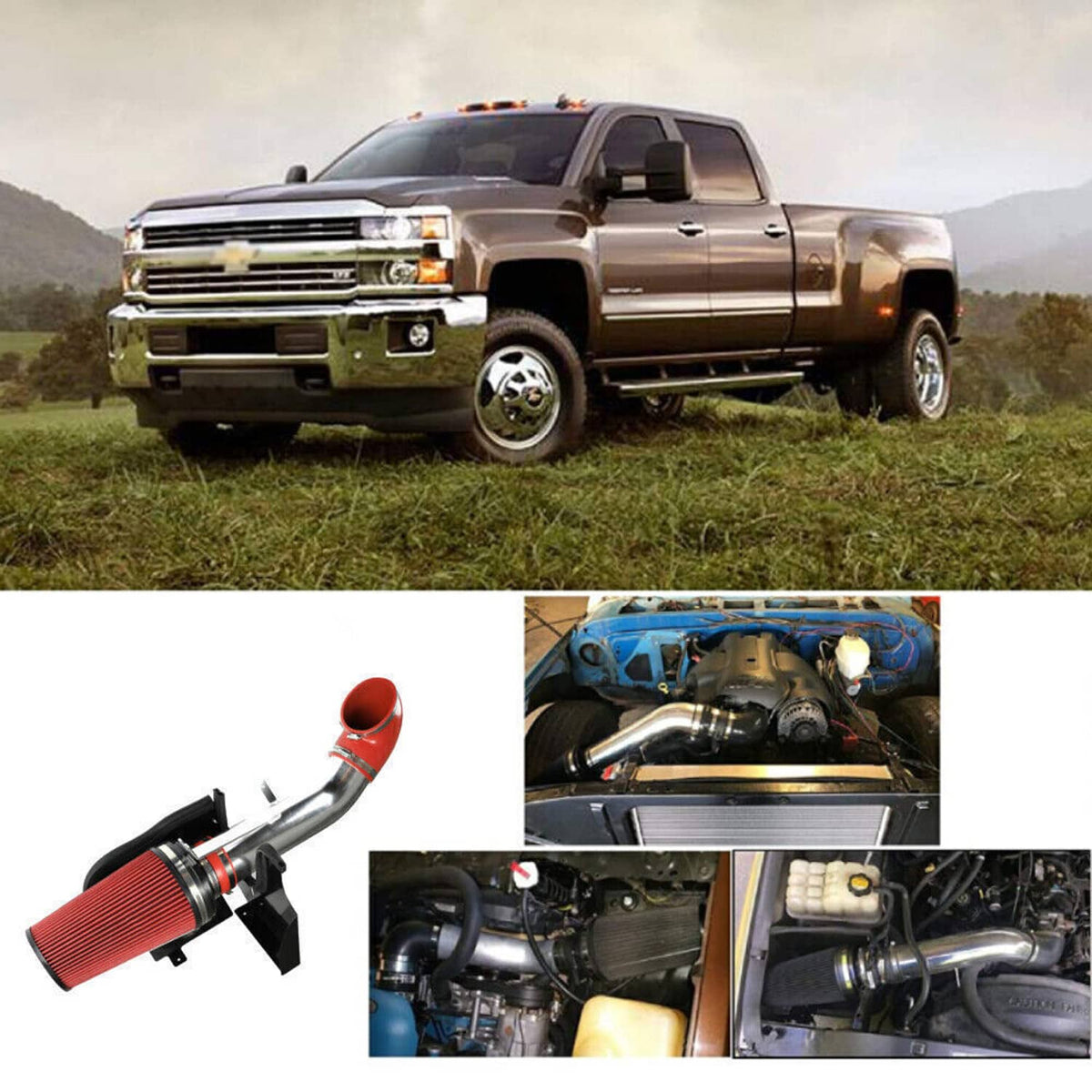 Solidspare 4"Cold Air Intake System Kit + Heat Shield For 99-06 GMC Chevy V8 4.8L/5.3L/6.0L