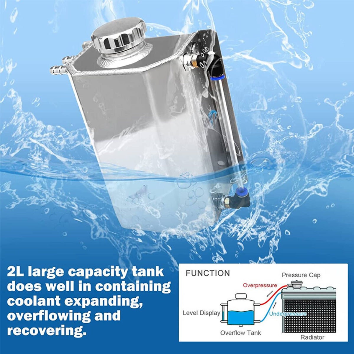 Solidspare 2L Polished Aluminum Coolant Radiator Overflow Reservoir Expansion Water Tank