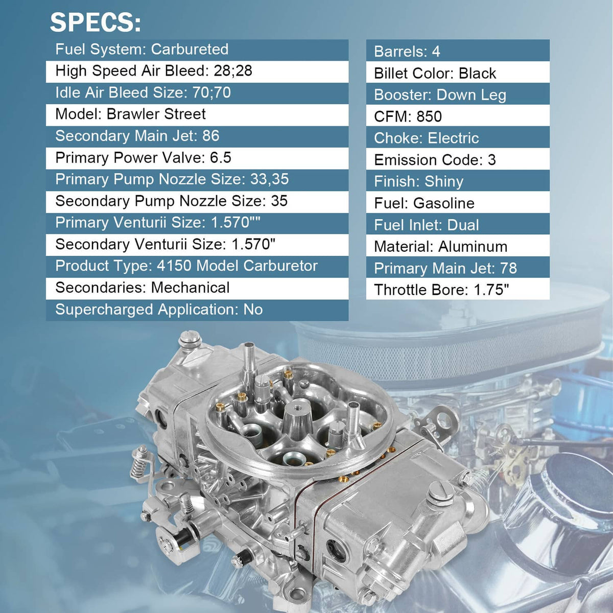 Solidspare 850CFM 4 Barrel Performance Race Carburetor Double Pumper Mechanical BR-67201