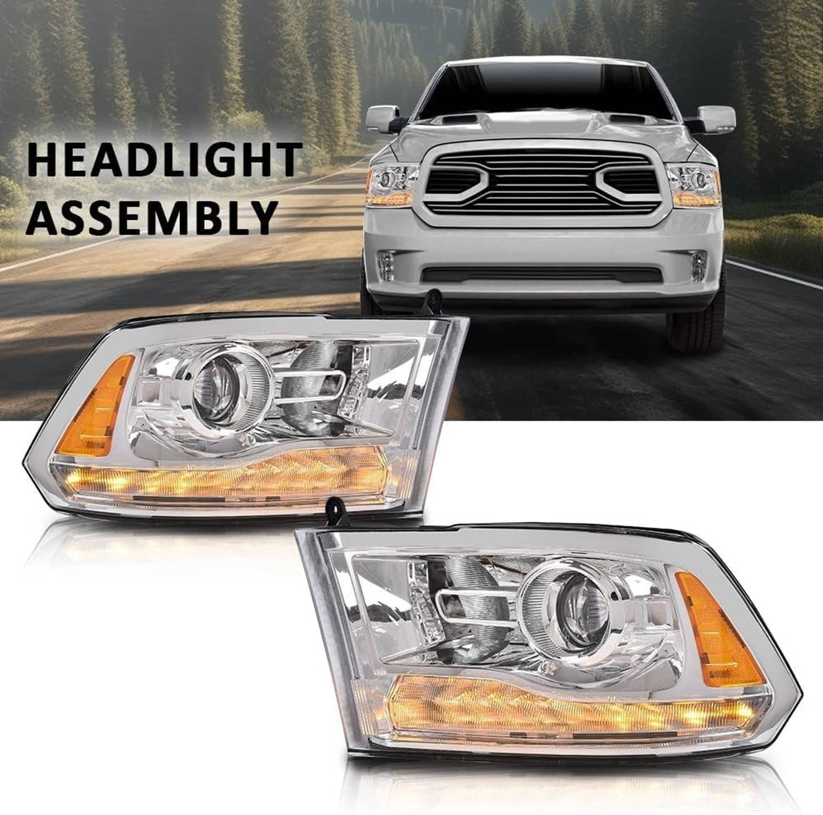 Solidspare For 2009-2018 Dodge Ram 1500 2500 3500 Pickup w/LED Projector Chrome Headlights