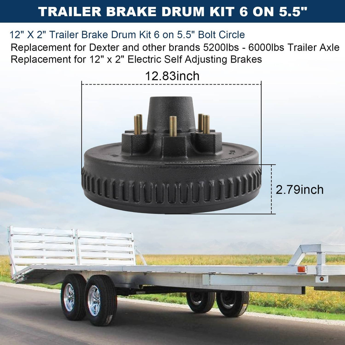 Solidspare 6 on 5.5" Bolt Circle Drum Kits with 12" X 2" Self-Adjusting Electric Brake