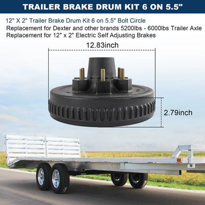 Solidspare 6 on 5.5" Bolt Circle Drum Kits with 12" X 2" Self-Adjusting Electric Brake