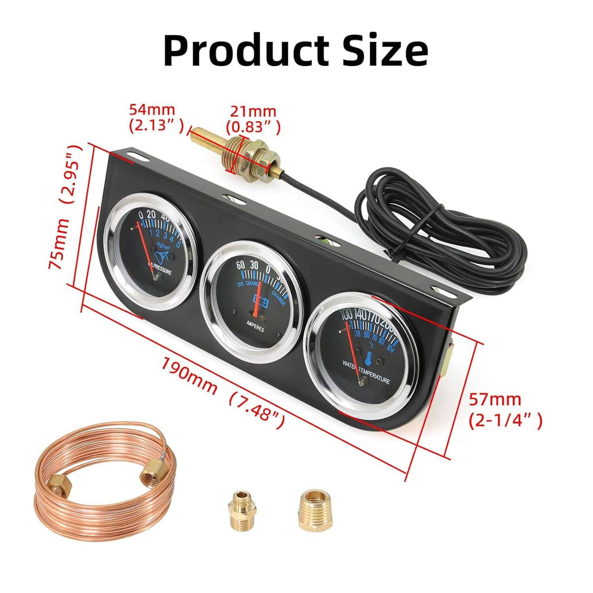 Solidspare Black 2" 52mm Car 3 in 1 Triple Gauge Set Kit AMP Meter Water Temp Oil Pressure