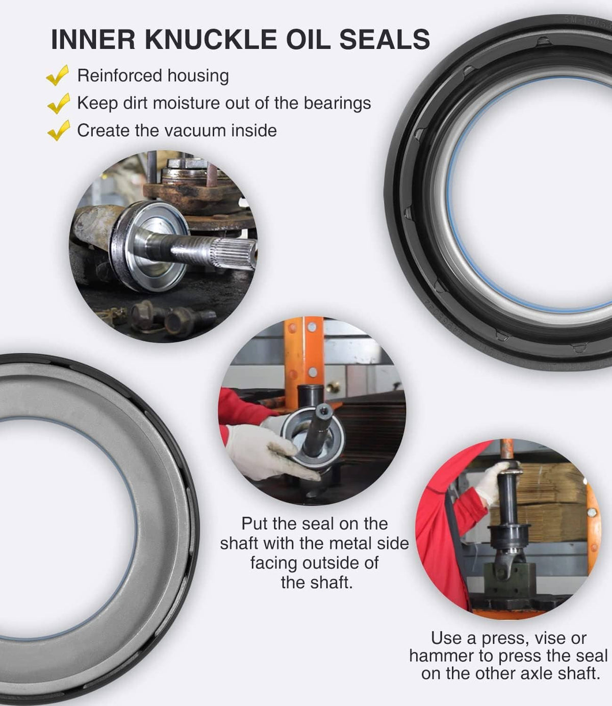 Solid Spare Front Axle Knuckle Tube Seal Kit & Thrust Washer Snap Ring for Ford F250 F350