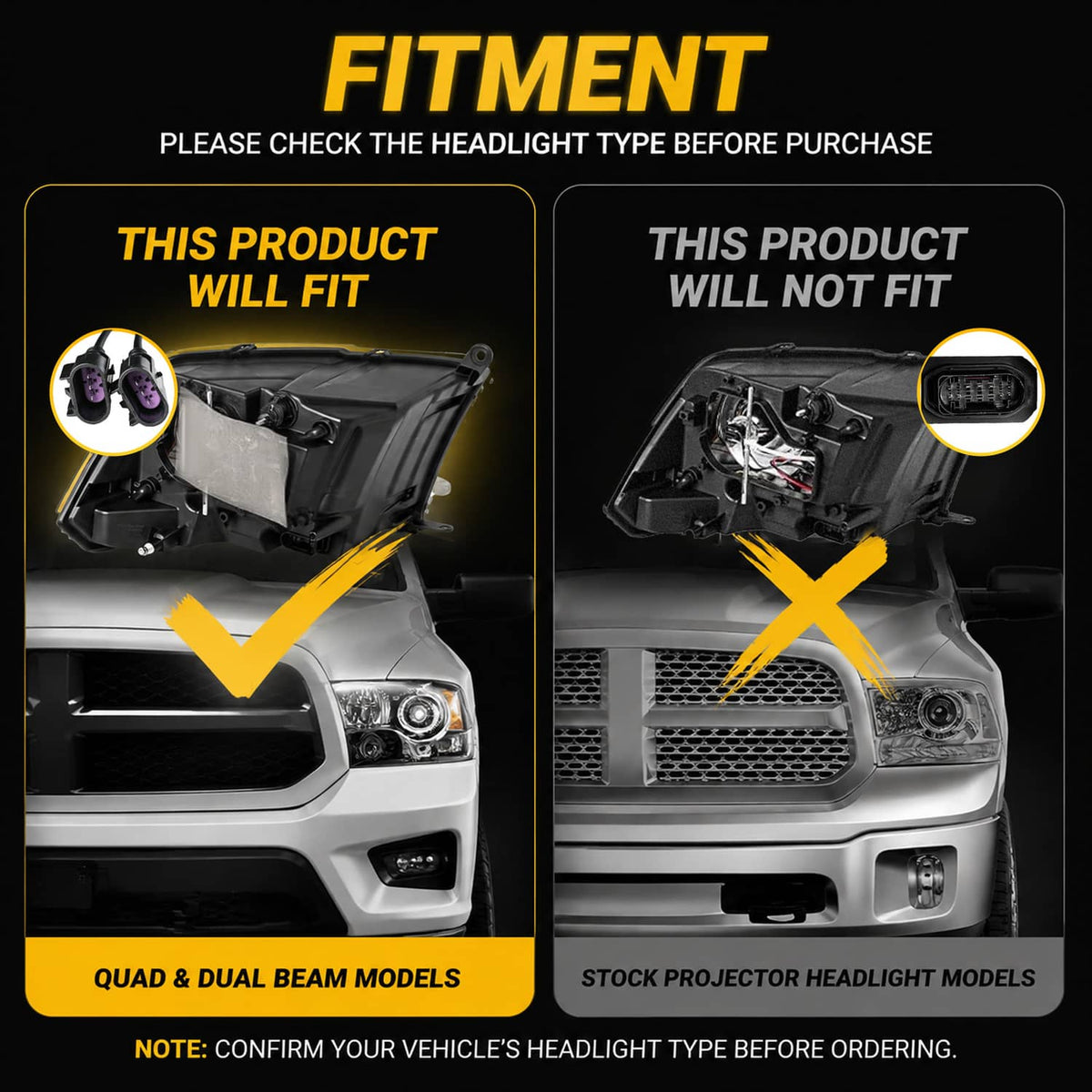 Solidspare For 2009-2018 Dodge Ram 1500 2500 3500 Black Projector Headlights with LED DRL