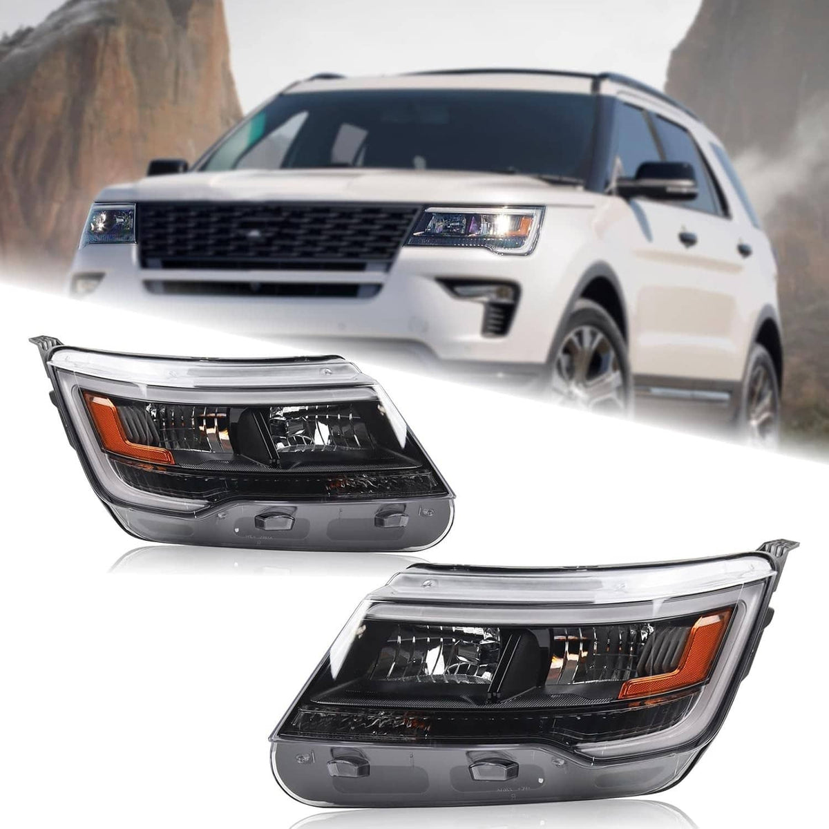 Solidspare Pair Headlights Assembly LH+RH For 2016-2019 Ford Explorer Chrome w/ LED DRL