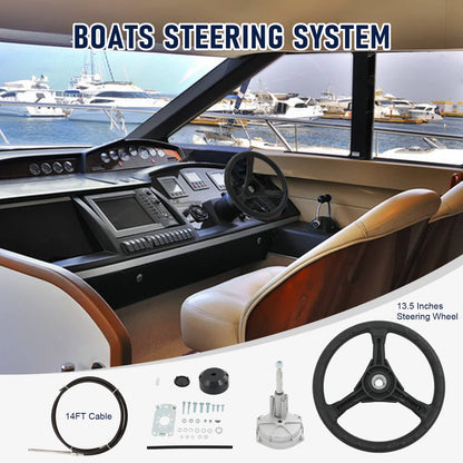 Solidspare 14 Feet Boat Rotary Steering System Outboard Kit Marine With 13.5" Wheel SS13714