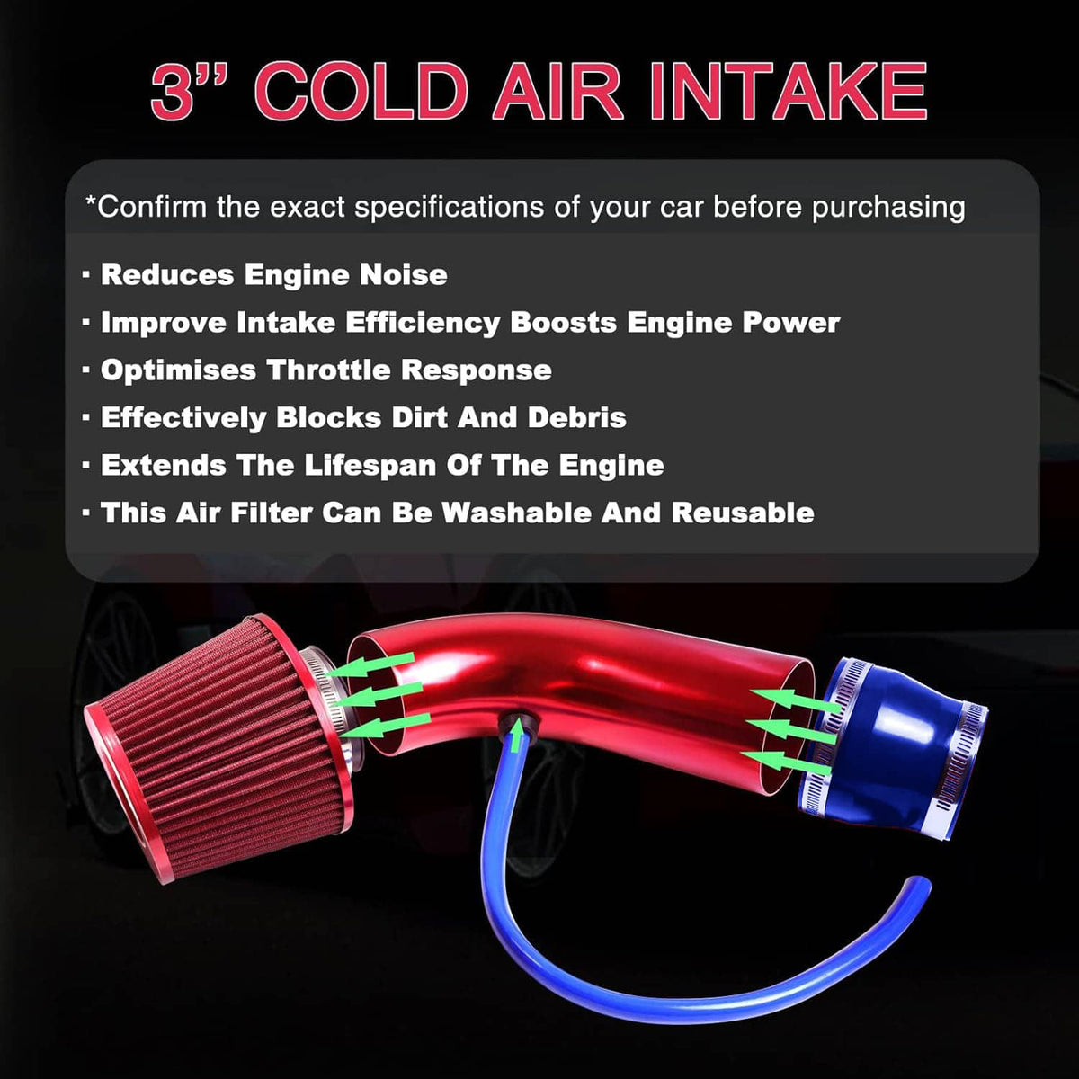 Solidspare 3" Cold Air Intake Filter Induction Kit Aluminum Pipe Power Flow Hose System