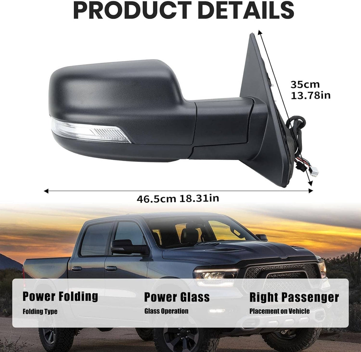 Solidspare Heated Mirror w/Power Fold Signal Light Right For 2019-2024 Ram 1500 68276500AH