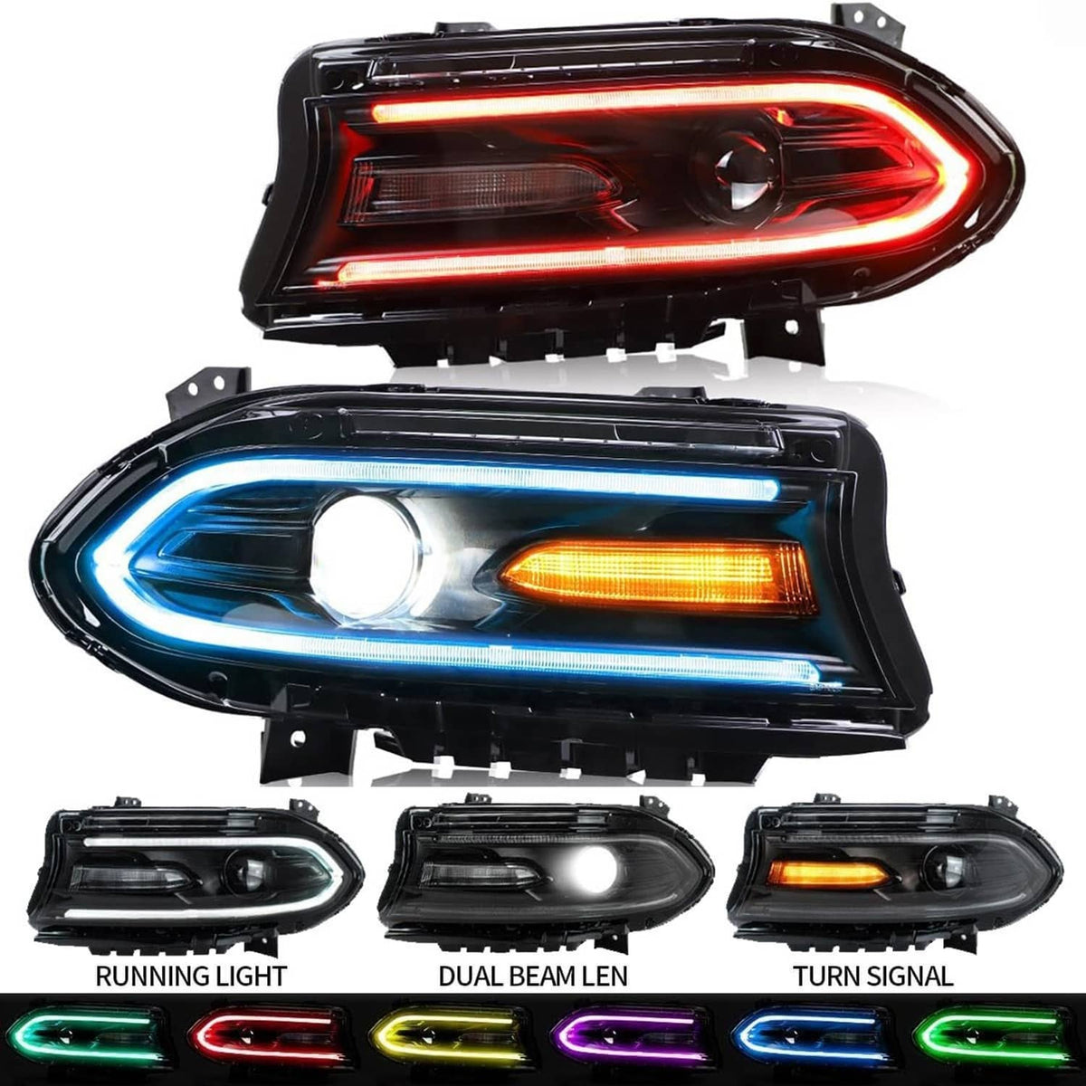 Solidspare Pair For 2015-2021 Dodge Charger LED Projector Headlights RGB Color Change Lamps